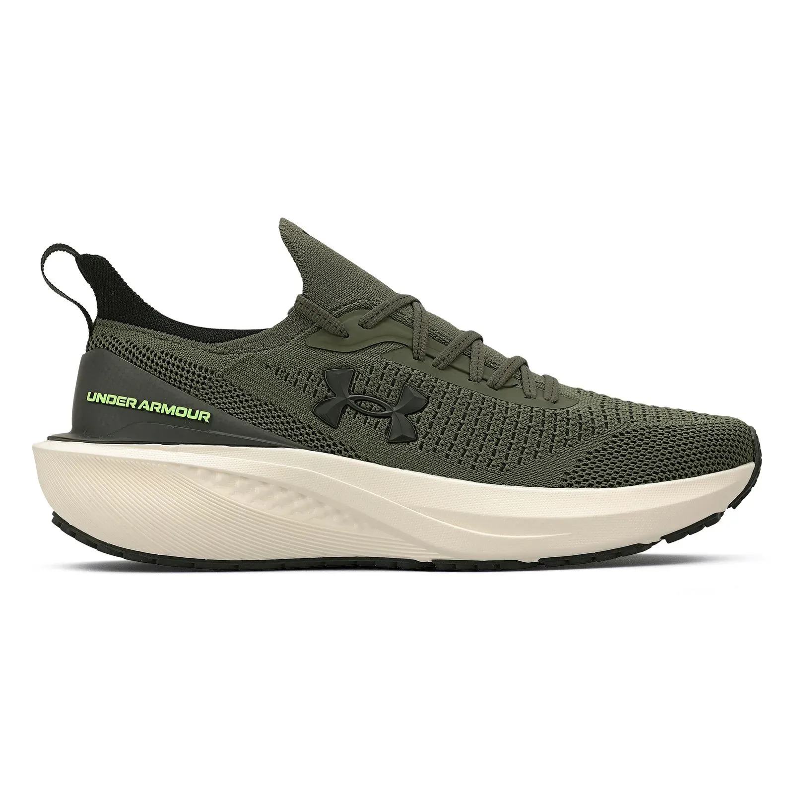 Tênis Under Armour Charged Quicker 2 masculino verde oliva com detalhes em preto e branco, design moderno e solado branco e preto